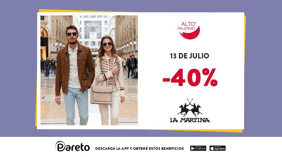 HOY viernes 13 de julio no te pierdas un 40% de descuento en La Martina 💥
Descargá <a href="/ParetoApp/">Pareto App</a> y empezá a disfrutar de increíbles beneficios!✨
paretopago.com.ar
Legales 👉goo.gl/QVA1F4