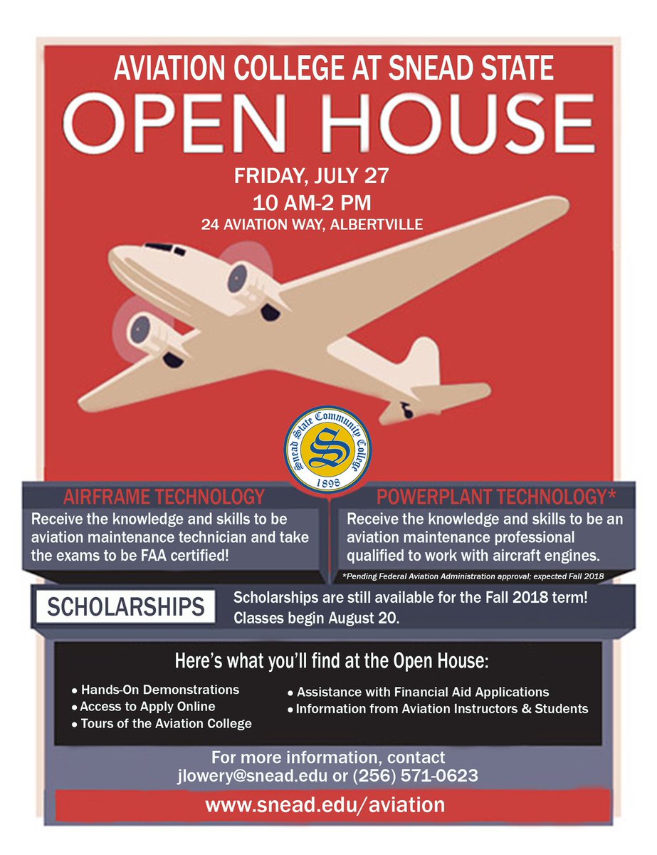 Save the date! We are hosting an open house at the Aviation College on Friday, July 27, from 10 a.m. - 2 p.m. Scholarships are still available for this fall. | snead.edu/aviation