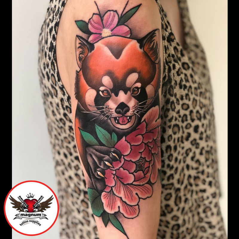 Tattoo uploaded by Tattoodo  Happy red panda by Miryam Lumpini  MiryamLumpini redpanda neotraditional heart jewel pearls animal  nature leaves color cute tattoooftheday  Tattoodo