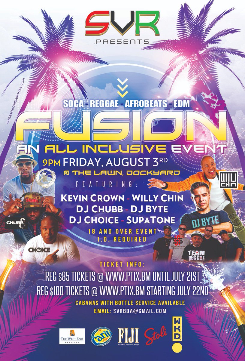 svrbermuda's tweet image. Year after year, #SVR delivers the HOTTEST Cup Match party!

Don't miss Fusion - the ALL-INCLUSIVE event. Friday, August 3rd. Food, drinks, music, and 100% good VIBES. Featuring GLOBAL and LOCAL DJs. 

Tickets NOW AVAILABLE: ptix.bm/svr. #SVRFusion #Bermuda #CupMatch