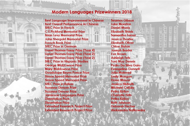 Congratulations to all our 2018 Modern Languages Prizewinners!  

<a href="/French_Hull/">French Hull</a> <a href="/German_Hull/">German at Hull</a> <a href="/hullitalian/">Italian at Hull</a> <a href="/spanish_hull/">Spanish Hull</a> <a href="/Chinese_Hull/">Chinese at Hull</a> <a href="/hullenglishlang/">English Lang. Hull</a> @FACEHull