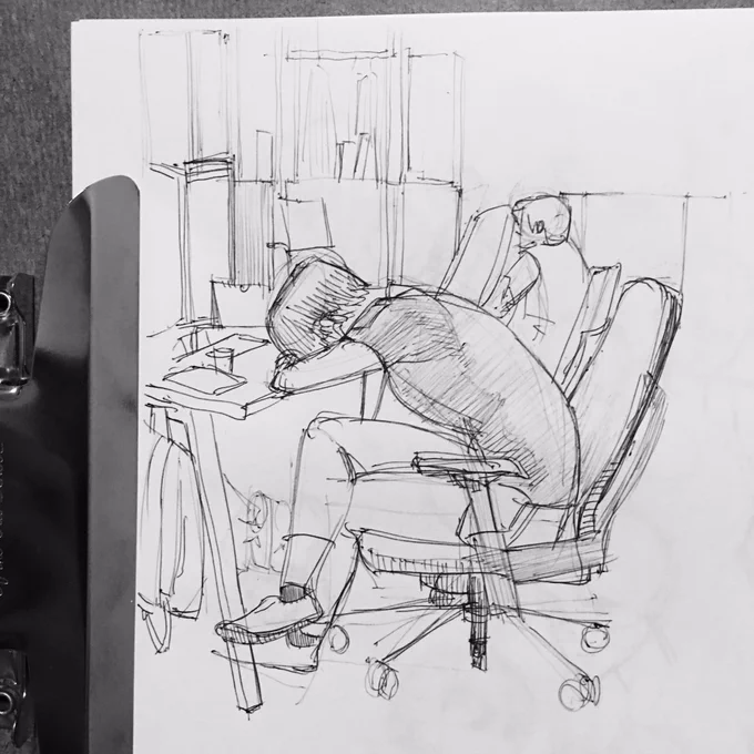 寝てる人スケッチ
空間含めて描く時は、関係性意識しつつパズルやってる感覚で空間埋めてくと、それっぽくなったような
一つ一つ描くのかーって思うと大変って気持ちが先に出るけど、大きなパーツをはめてくように描くと、パーツはまるのがどんどん楽しくなる。 