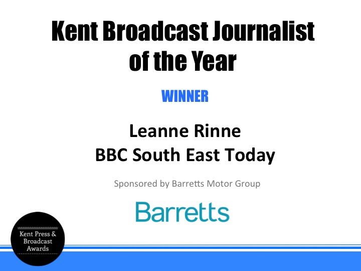 #KPBA Kent Broadcast Journalist of the Year, sponsored by <a href="/BarrettsKent/">Barretts Kent</a>, is @LeanneRinne of <a href="/bbcsoutheast/">BBC South East</a>. JUDGES SAID: “Leanne is an extremely confident performer, using all the tools of the trade. Why isn’t she on Panorama yet?”