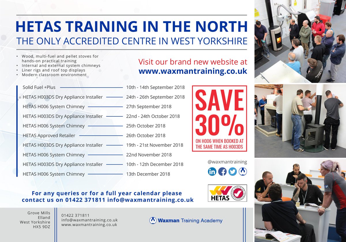 THE ONLY <a href="/hetas_uk/">HETAS</a> ACCREDITED CENTRE IN YORKSHIRE - here is our course dates for the rest of the year, for all other courses please go to waxmantraining.co.uk

#HETAS #Training #Academy #Installers #SolidFuelPlus #DryAppliance #SystemChimney #Stoves #Heating #Courses