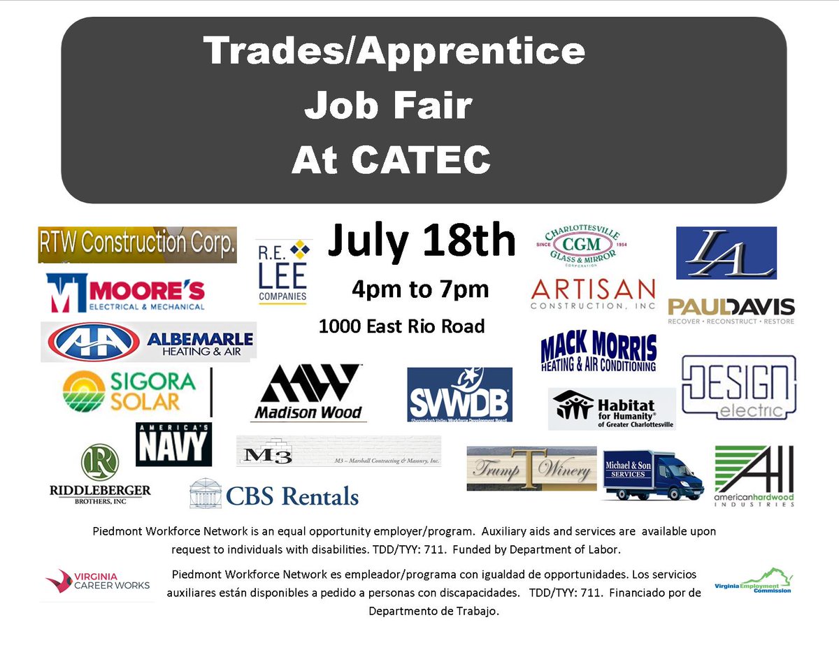 CATEC (@catechs) on Twitter photo The Construction Trades Job Fair is next week! 7/18, 4-7pm at CATEC. Check out all these employers who will be there looking to hire! Great jobs! Great Opportunities!
<a href="/CvilleEconDev/">Cville Econ Dev</a> <a href="/CvilleCityHall/">Charlottesville City</a> <a href="/AlbemarleCounty/">County of Albemarle</a> <a href="/vaemploy/">Virginia Employment Commission</a> <a href="/goodwillvalleys/">Goodwill Industries of the Valleys</a> <a href="/AGC_of_Virginia/">AGCVA</a> The Construction Trades Job Fair is next week! 7/18, 4-7pm at CATEC. Check out all these employers who will be there looking to hire! Great jobs! Great Opportunities!
<a href="/CvilleEconDev/">Cville Econ Dev</a> <a href="/CvilleCityHall/">Charlottesville City</a> <a href="/AlbemarleCounty/">County of Albemarle</a> <a href="/vaemploy/">Virginia Employment Commission</a> <a href="/goodwillvalleys/">Goodwill Industries of the Valleys</a> <a href="/AGC_of_Virginia/">AGCVA</a>