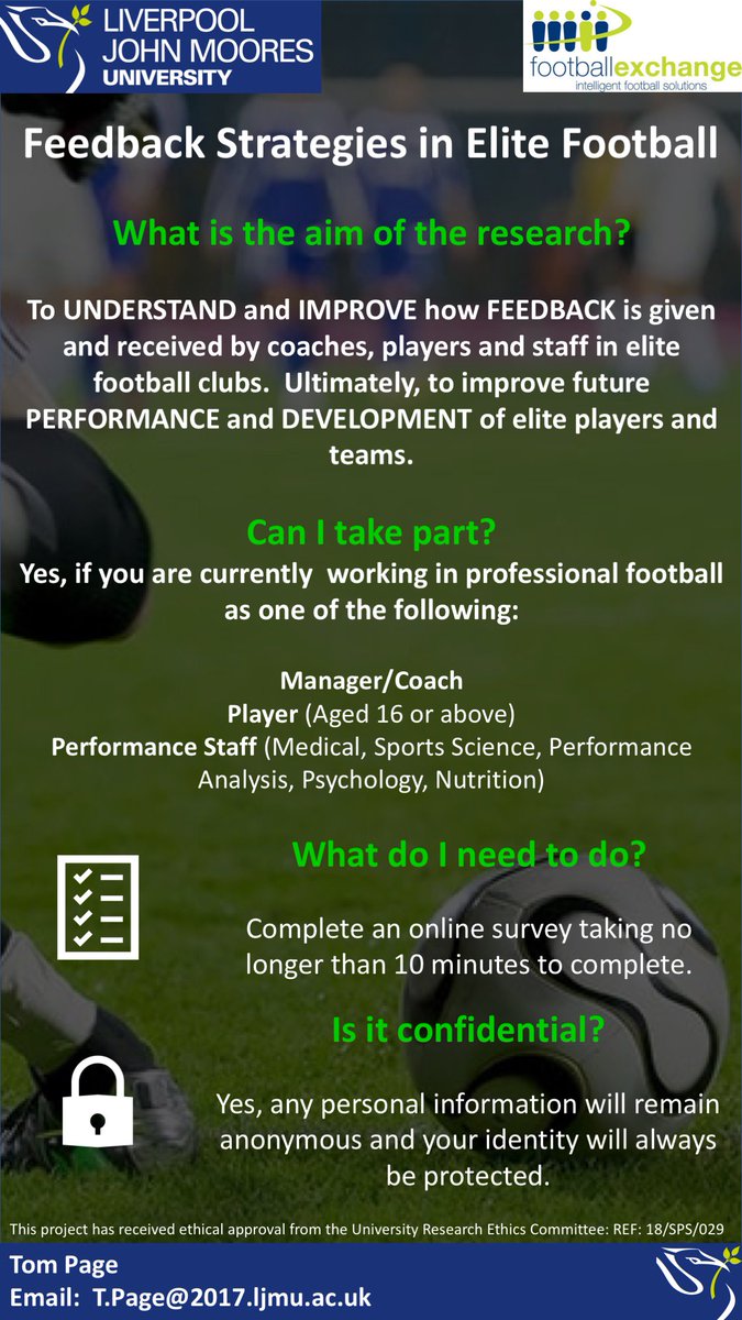LJMUFootball's tweet image. Do you work in professional football? If so, please could you take 5-10 minutes to complete a short survey examining feedback in elite football. Coaches/Managers: surveymonkey.co.uk/r/FK568NG. Players: surveymonkey.co.uk/r/VW7QRSM. Performance Staff: surveymonkey.com/r/BV2VNGJ. Please RT