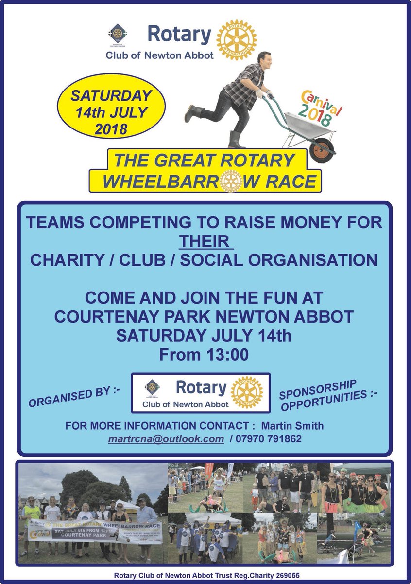 Sherwoodsonline's tweet image. Who has plans for the weekend?...No, well get down to Courtenay Park in #NewtonAbbot on Saturday and enjoy the @RotaryNARC Wheelbarrow Race - Family Fun and lots of laughs ☀️😎👍🏼🏆 @NewtonAbbotCofC @NewtonAbbotCoun @newtonabbothour @DevonLiveNews