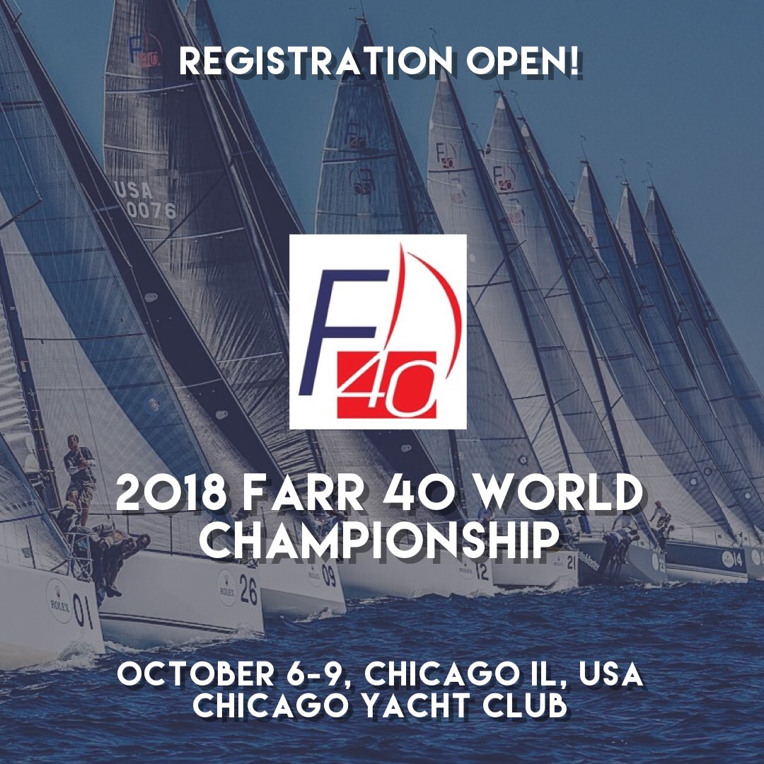Farr40Class's tweet image. Registration open for the 2018 #Farr40 World Championship this October in Chicago. NOR and race documents available on @yachtscoring. Hosted by @chicagoyc. #Farr40onedesign #WorldChamps