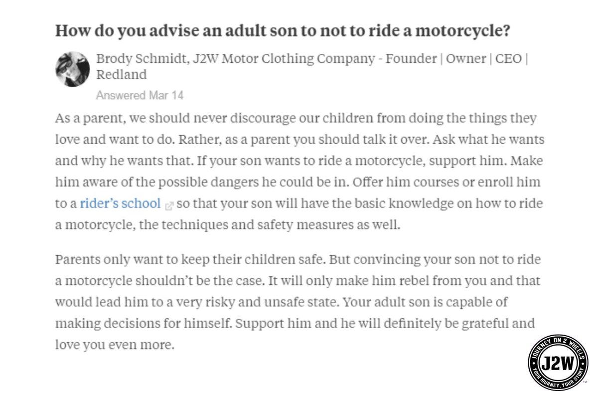 J2WMtrClothing's tweet photo. Question: How do you advise an adult son to not ride a motorcycle? Here's what J2W have to say... https://t.co/pX9HwakMpb