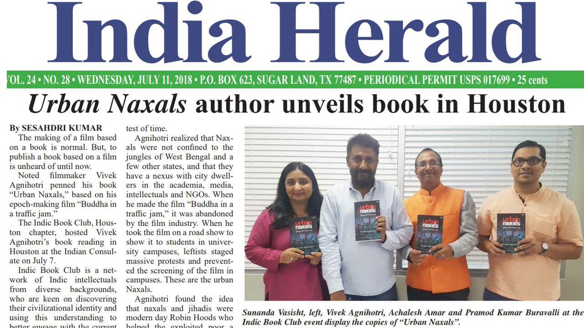 Author @vivekagnihotri’s bestseller #UrbanNaxals is making headlines amongst Indians in USA. #USBookTour