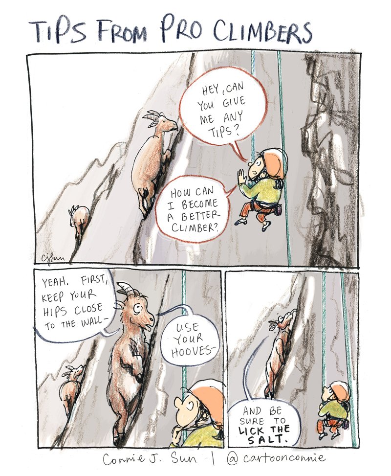 cartoonconnie's tweet photo. Tips from pro #climbers, aka mountain goats. 🐐

#tbt cartoon for @BKBoulders, new this week on @gocomics https://t.co/cqXfdBW7IH https://t.co/obwlPGMShC