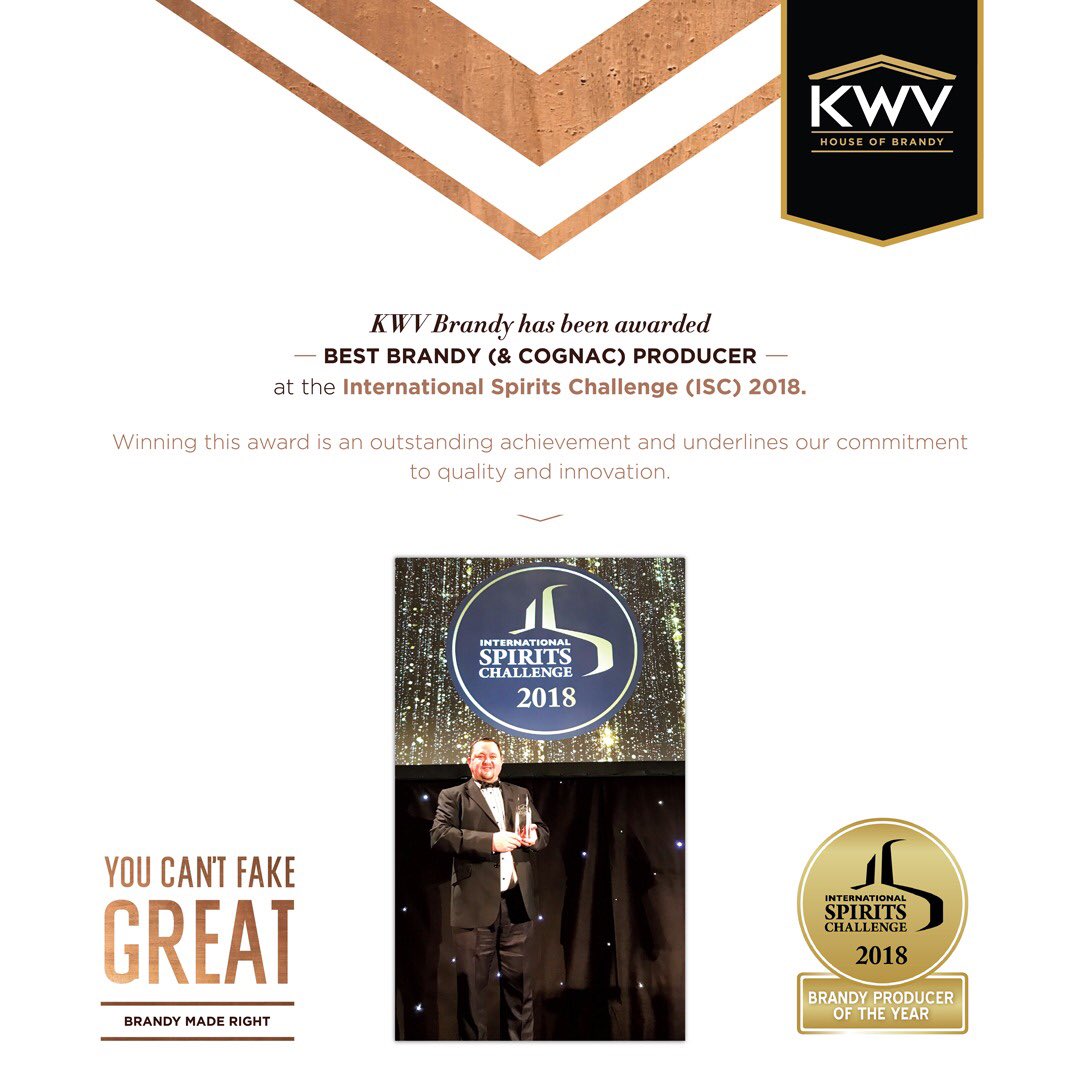 KWVBrandy's tweet image. We are proud to announce that KWV Brandy has yet again been awarded as the Best Brandy (and Cognac) Producer for 2018 at the International Spirits Challenge. Having won in 2015 &amp;amp; 2016, KWV is without a doubt the House of Brandy to the World. 
#KWVBrandy #YouCantFakeGreatTaste