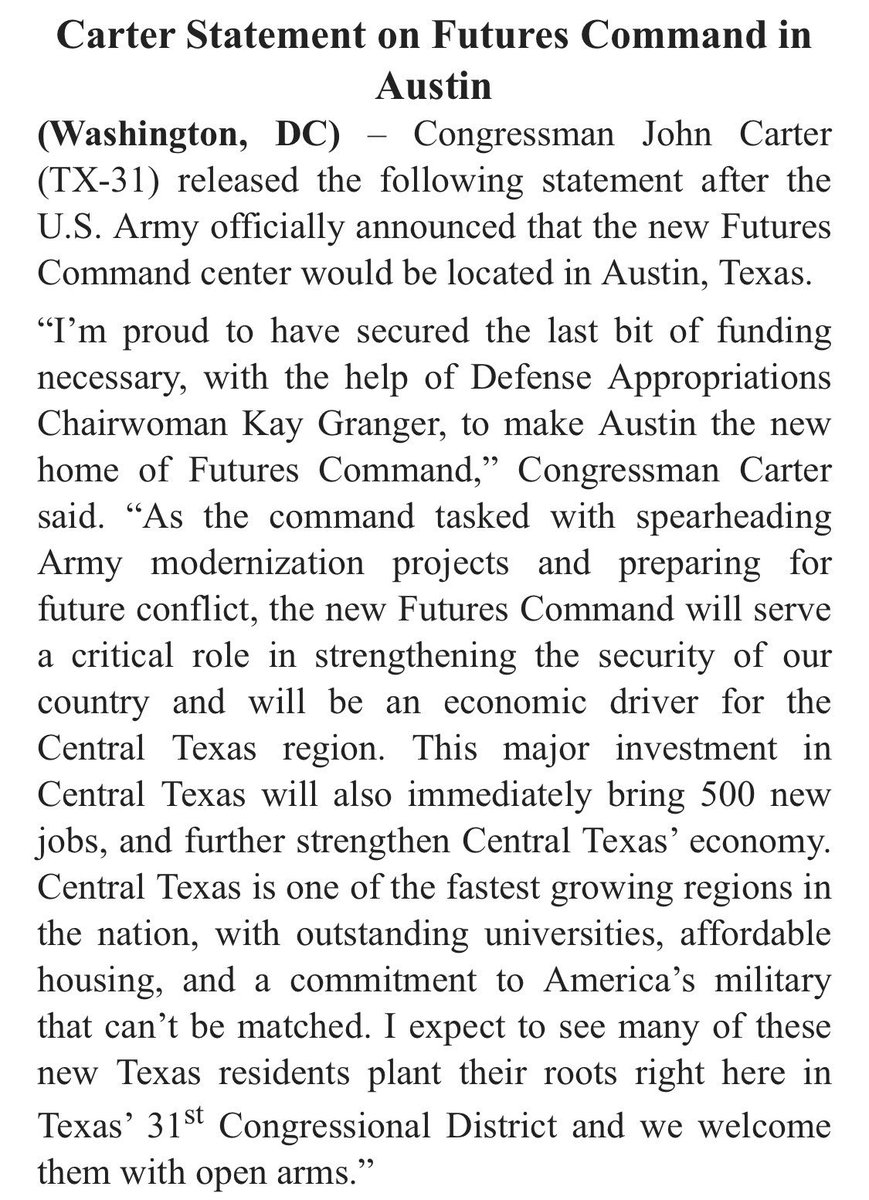 JudgeCarter's tweet image. My statement on #FuturesCommand coming to #Austin