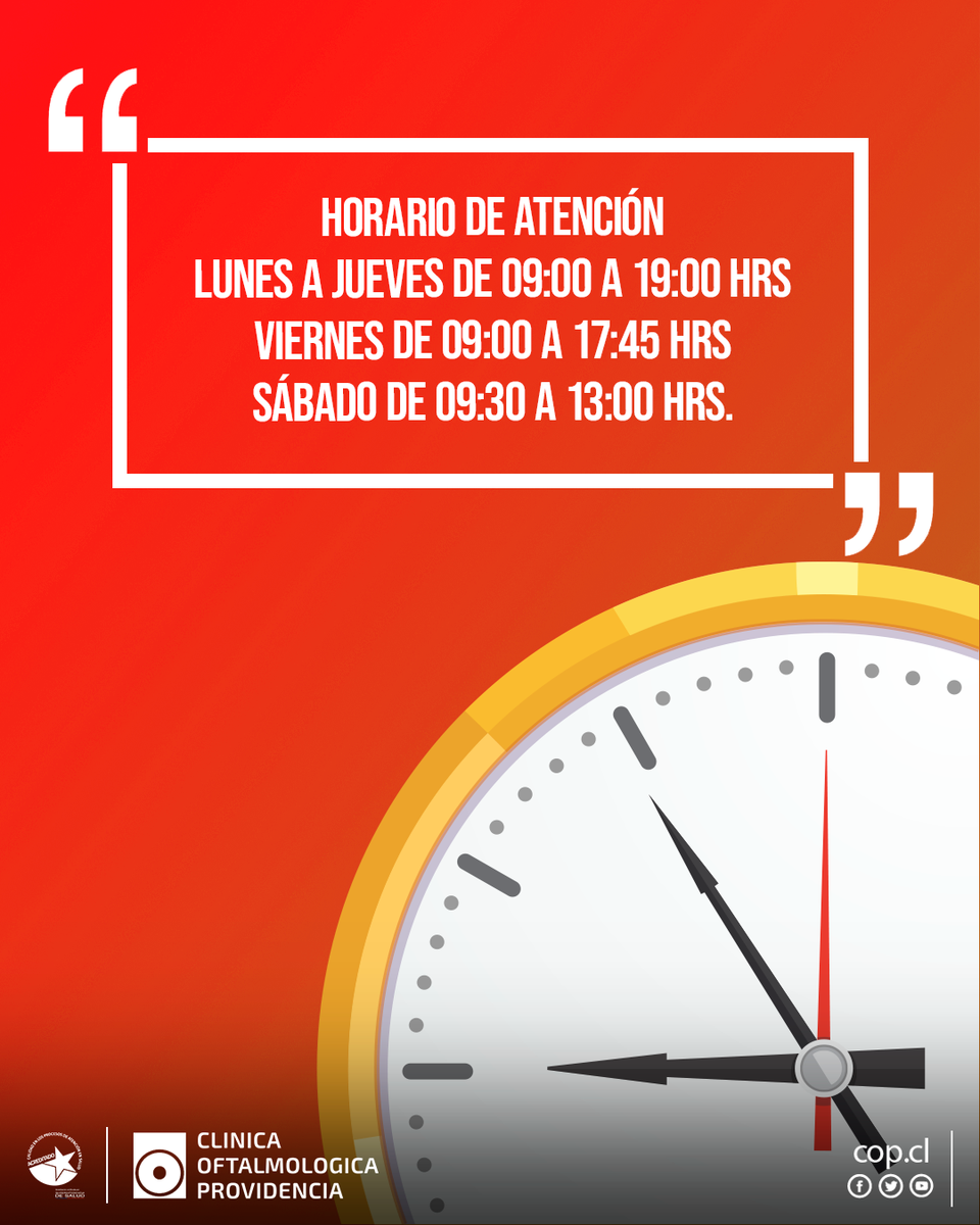 COPTwit's tweet photo. Recuerda nuestros Horarios de Atención en Clínica Oftalmológica Providencia.  

Para más información visítanos en https://t.co/QIvtGhsARI
Reserva tu hora llamando al +56 2 259 95700 https://t.co/G3XTSUvs2q