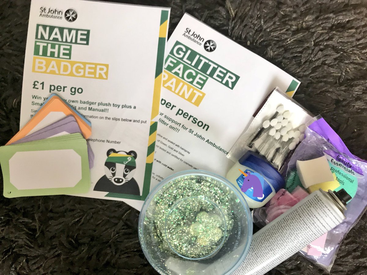 Getting ready for the #BedfordRiverFestival this weekend with a few #NewAdditions to our #Fundraising stall. Come and see us and get your #Glitter on! 
#GlitterFacePaint #GreenGoldAndSilver #NameTheBadger #Fun @sjaeast