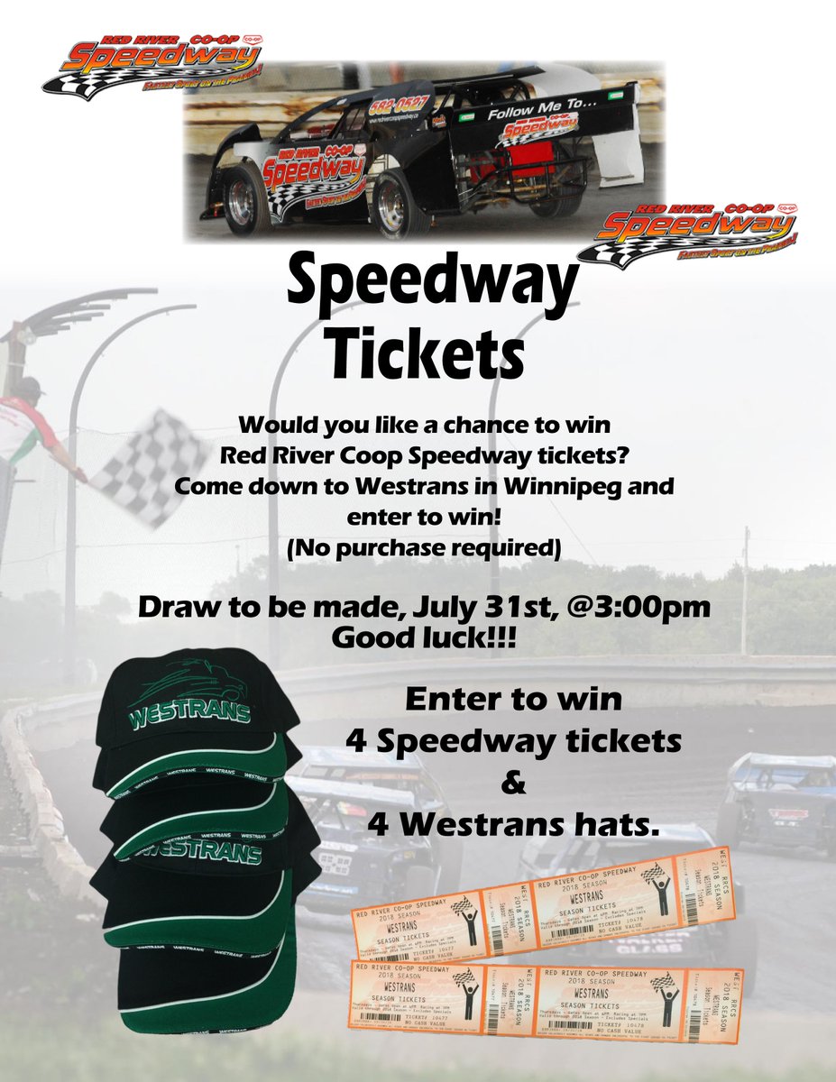 Come down to Westrans in Winnipeg for a chance to win 4 Speedway Tickets &amp; 4 Westrans hats. 
Draw date July 31, 2018 @ 3:00pm.
No purchase required! @racestatus