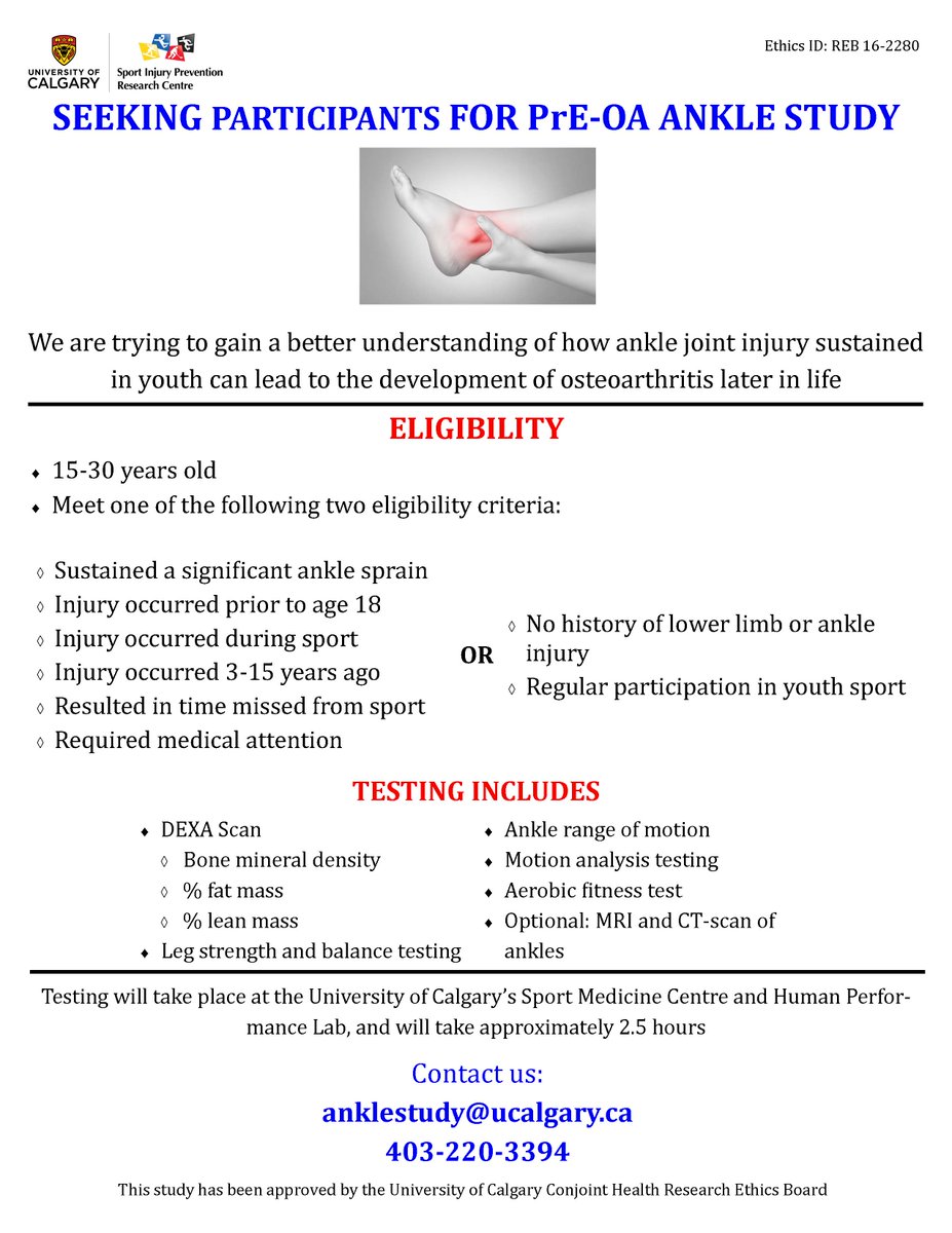 PrEOAAnkle's tweet photo. Can we get a RT @athleticsab? Seeking individuals age 15-30 to participate in #ankle study at #UofCalgary! Check this out and msg us for more details! https://t.co/OoigaRq8ag
