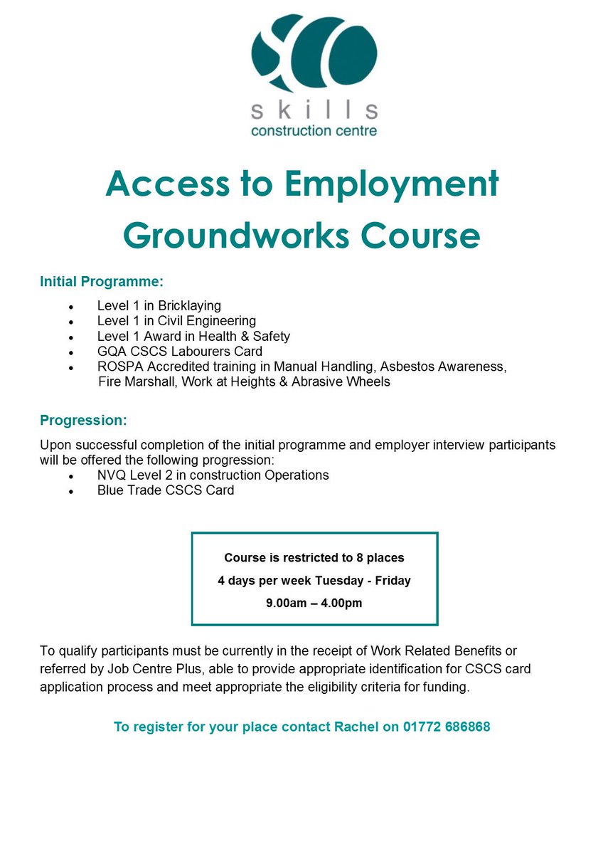 Are you looking to get a Blue Trade CSCS Card? 
Aged 19+?
In Receipt of Work Related Benefits? 

Get enrolled on to our Access to Employment Ground Works Course being held at Skills Construction Centre!

#Construction #Careerinconstruction #Groundworks #BlueCSCSCard #GetInvoled