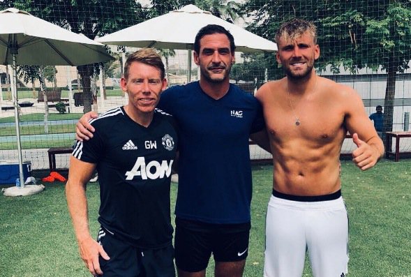 Luke Shaw showing off his 6 pack. Post fitness test.