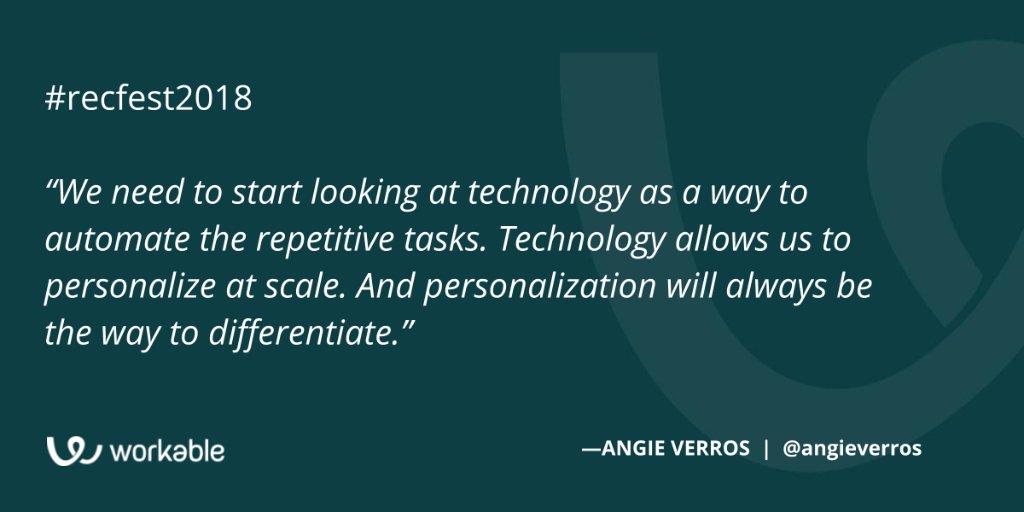 Workable's tweet photo. Was great to hear from @angieverros yesterday on the importance of making personal connections with candidates. #recfest2018 https://t.co/I0wkiwqBEm