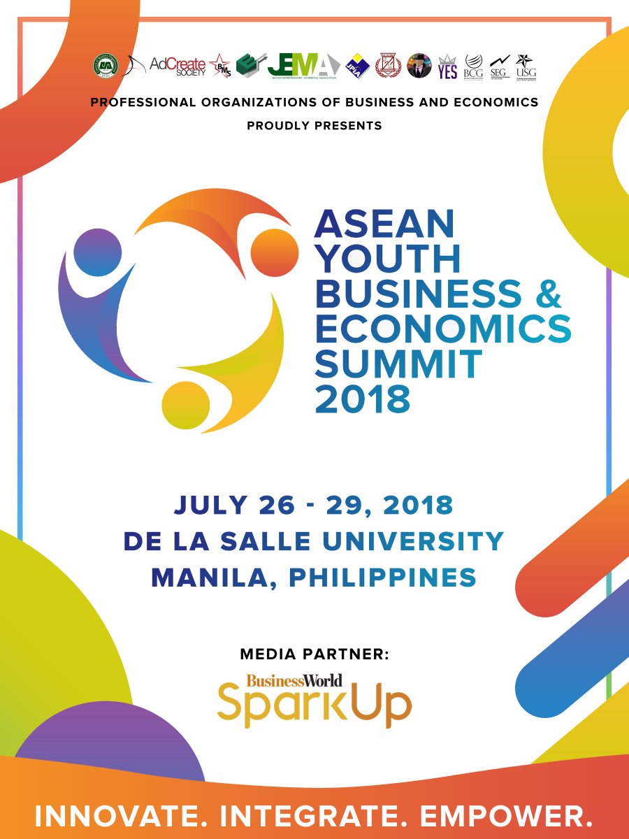 SparkUpPH's tweet photo. SparkUp is a media partner of the upcoming ASEAN Youth Business and Economics Summit - AYBES 2018 this July 26 to 29, at the De La Salle University, Manila!

Grab your tickets now! Visit https://t.co/wdoj6Pa4xR or @AYBES2018 for more info and updates! #AYBES2018 #AYBESinDLSU https://t.co/mVanlZScO6