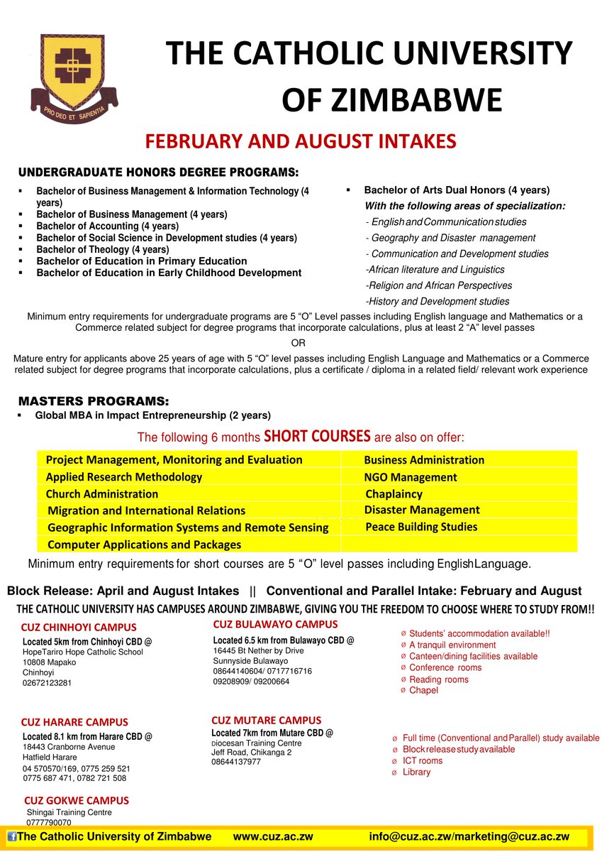 New Programmes!!! Hurry and secure a place to further your studies. Here is one of our favorite quotes of all times "If you think education is expensive try ignorance." It is indeed a wise choice to enroll with us. #GrowWithCUZ