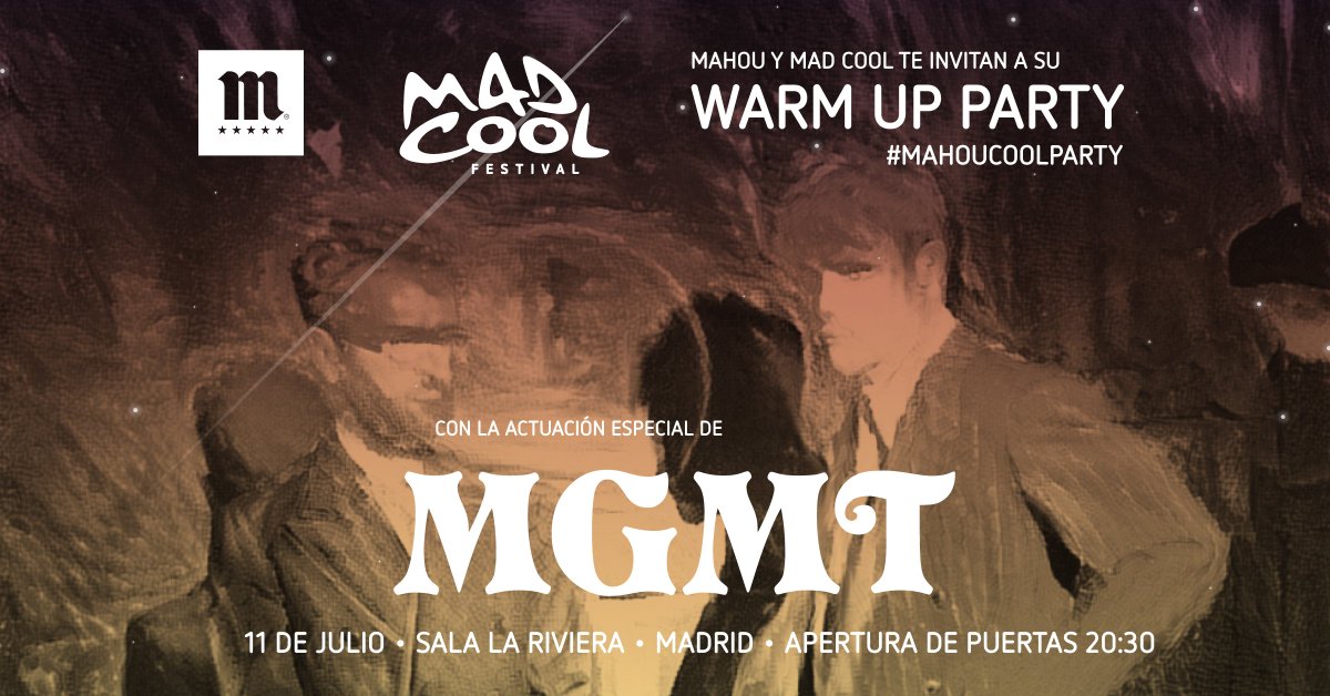 SonyMusicSpain's tweet photo. ¿Quieres ver a @whoisMGMT en un concierto exclusivo? @mahou_es y @madcoolfestival te invitan al #WarmUpParty el 11 de julio en la sala La Riviera de Madrid.

Entra y consigue ya tus invitaciones 👉🏻 https://t.co/TUTvmgw1Gh https://t.co/v3WwOjomyd