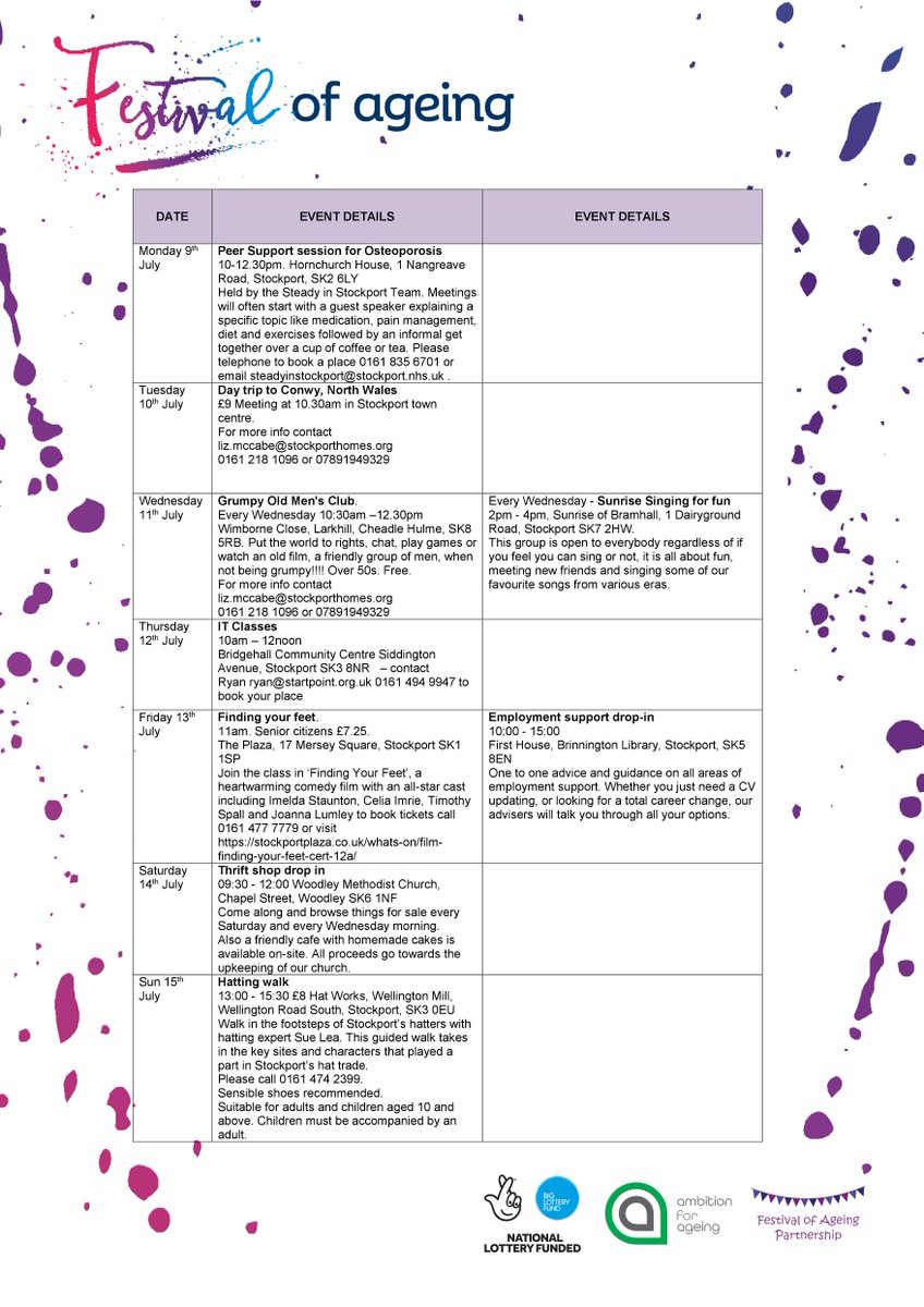 StockportMBC's tweet photo. Check out next week's events being held in Stockport as part of GM's Festival  of Ageing  @FestivalAgeing #AgeFriendlyGM  for further information and events being held throughout Greater Manchester  see 👉 https://t.co/Hx2LV8bbNj https://t.co/jT6zJREyZ2