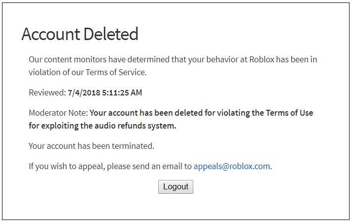 𝑮𝒐𝒍𝒅𝒊𝒆𝑭𝒐𝒍𝒎𝒂𝒖𝒓𝒆 On Twitter Hey There Roblox Recently My Account Was Charged With 1000 Robux For Three Days A Few Days Later I Was Banned Because I Exploited The Audio Refund System 4 - roblox audio not working how to fix