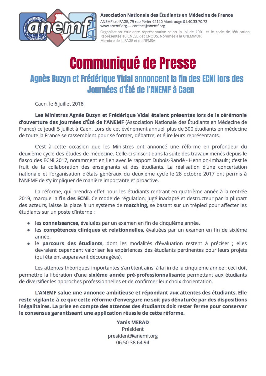 ANEMF's tweet photo. 📣 COMMUNIQUÉ DE PRESSE 📣

L’@ANEMF salue les annonces d’@agnesbuzyn et @VidalFrederique lors de l’ouverture des #JEA2018.

📢 Fin des #ECN pour les étudiants entrant en 4ème année à la rentrée 2019 ! 🎉

Nouveau système issu de la reflexion conjointe @ANEMF @doyensmed ! 💡 https://t.co/4RbO0qKV5T
