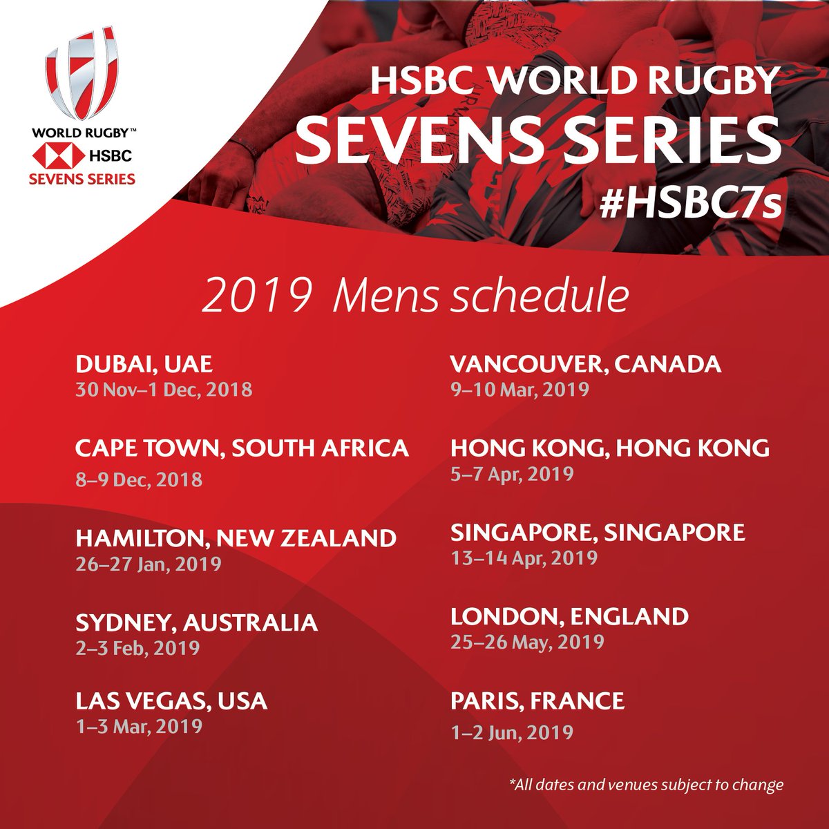 📆 HSBC World Rugby Men's Sevens Series 2019 #HSBC7s 2018 Dubai➡️30 - 1 Nov/Dec Cape Town➡️8-9 Dec 2019 Hamilton➡️26-27 Jan Sydney ➡️2-3 Feb Las Vegas➡️1-3 Mar Vancouver➡️9-10 Mar Hong Kong➡️5-7 Apr Singapore➡️13-14 Apr London➡️25-26 May Paris ➡️1- 2 Jun