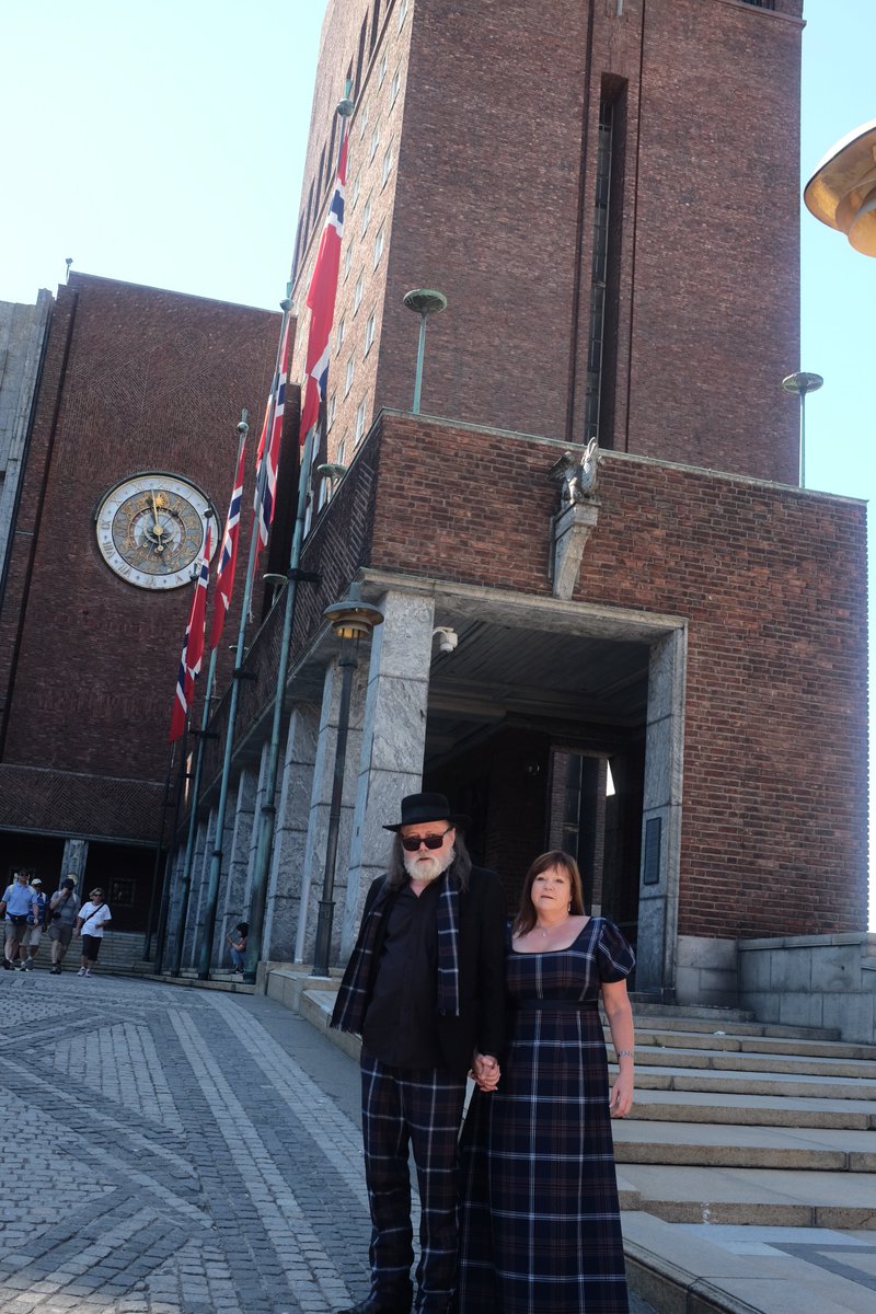YES, for all to know: we got married in the Oslo Town Hall. Both wearing same Scottish J tartan. Wee Bear & Mairead, daughter of my late mate  singer Hamish Imlach. The woman I have known 30+ years. #folk #folkfamily #Scotland #Oslo #Norway #scottishsmallpipes #hardangerfiddle
