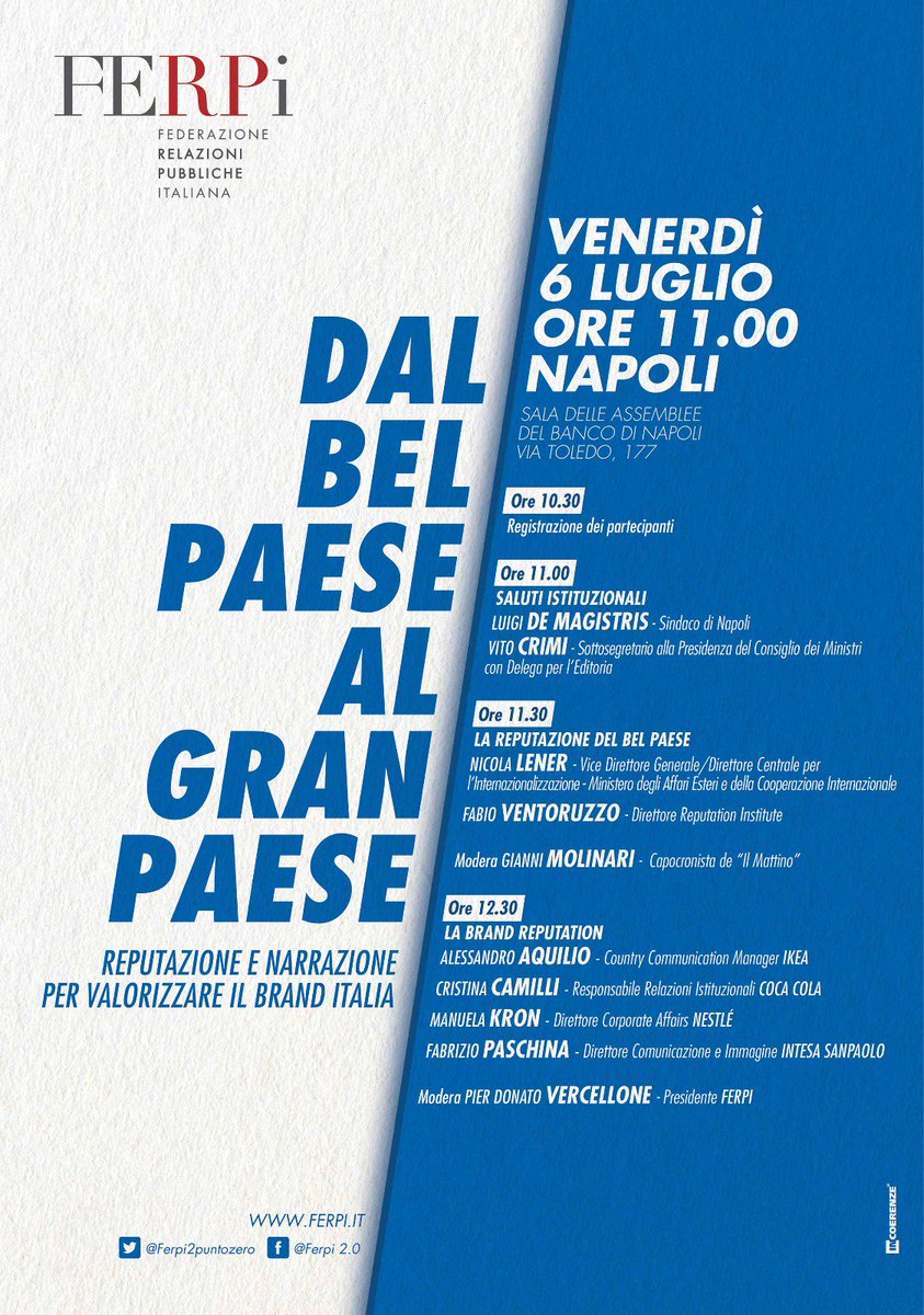 ElenaSalzano's tweet image. #napoli @Ferpi2puntozero Dal bel paese al gran paese Reputazione e narrazione per valorizzare il brand Italia #teamatwork #contenitorididee