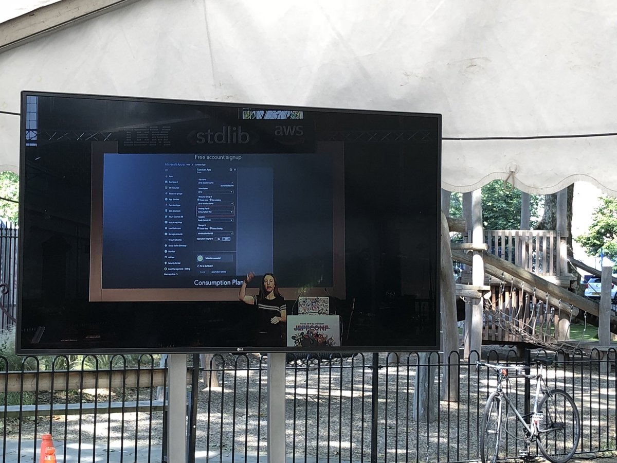 ServerlessLDN's tweet image. Now it&apos;s @sarah_edo on the screen outside #serverlessLDN