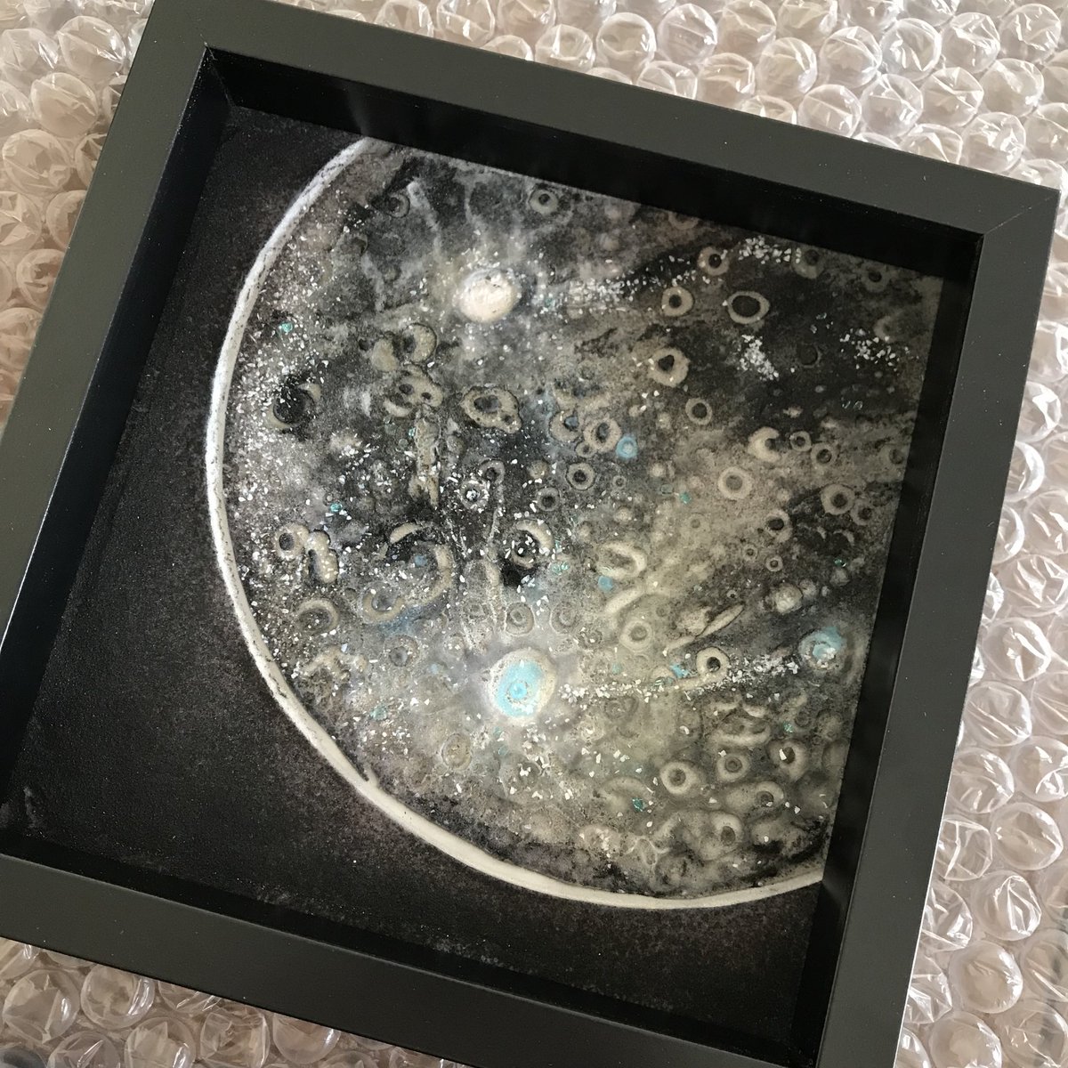 The Moon is off to a new home! I will be working on more of the solar system in glass powder for the #Contemporaryglasssociety SE exhibition in September.  #glassart #buyglassart #presentideas #fusedglassart