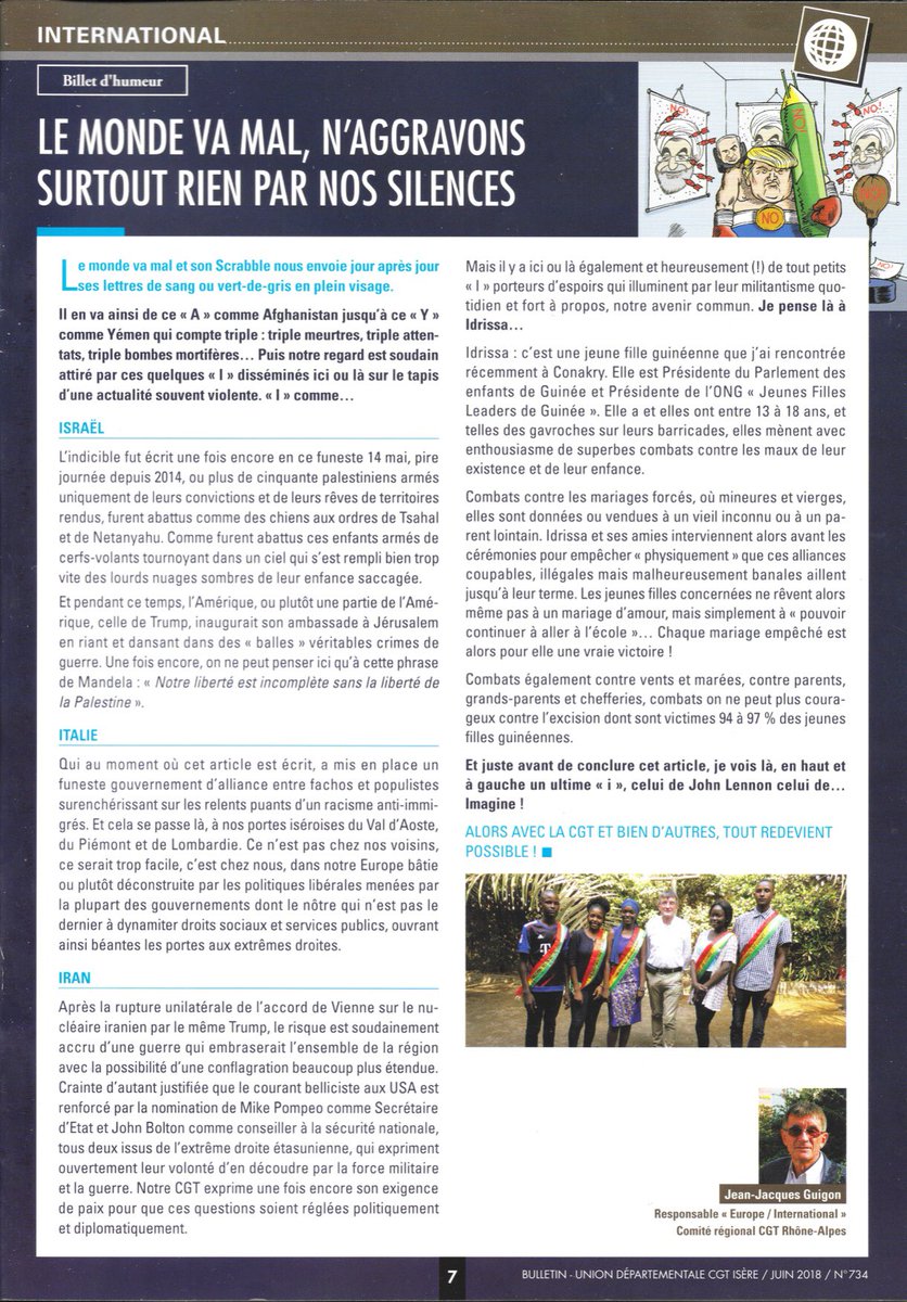 cjflguinee's tweet photo. Un article du Bulletin de @CGT_38_Isere écrit par @jjguigon sur  l’état du monde d’aujourd’hui mais aussi sur un espoir possible via notre présidente @HadjaIdrissa et du @cjflguinee https://t.co/P76HgljatK