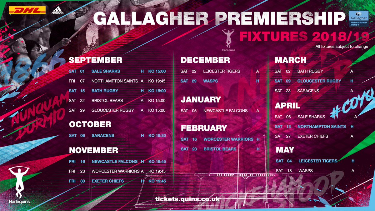 Harlequins's tweet photo. 🚨 They're here! Our fixtures for the 2018/19 @premrugby season have been confirmed

📲 Full story https://t.co/T7CqodHroj #GallagherPrem #COYQ https://t.co/d5rx1Ke9Fe
