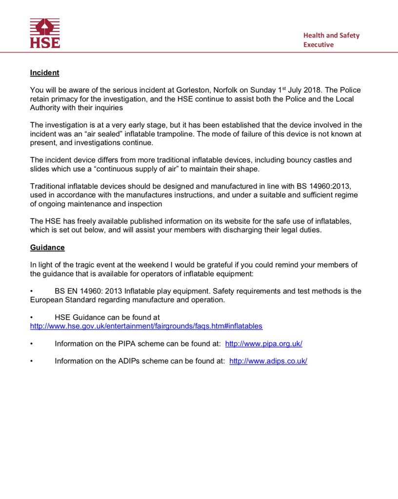After the devastating incident that happen on Sunday the HSE (health and safety executive) have issued this statement. Hopefully this will put our customers minds at ease and reassure all of our bouncy castles are safe to use. Our thought are with the little girls family.