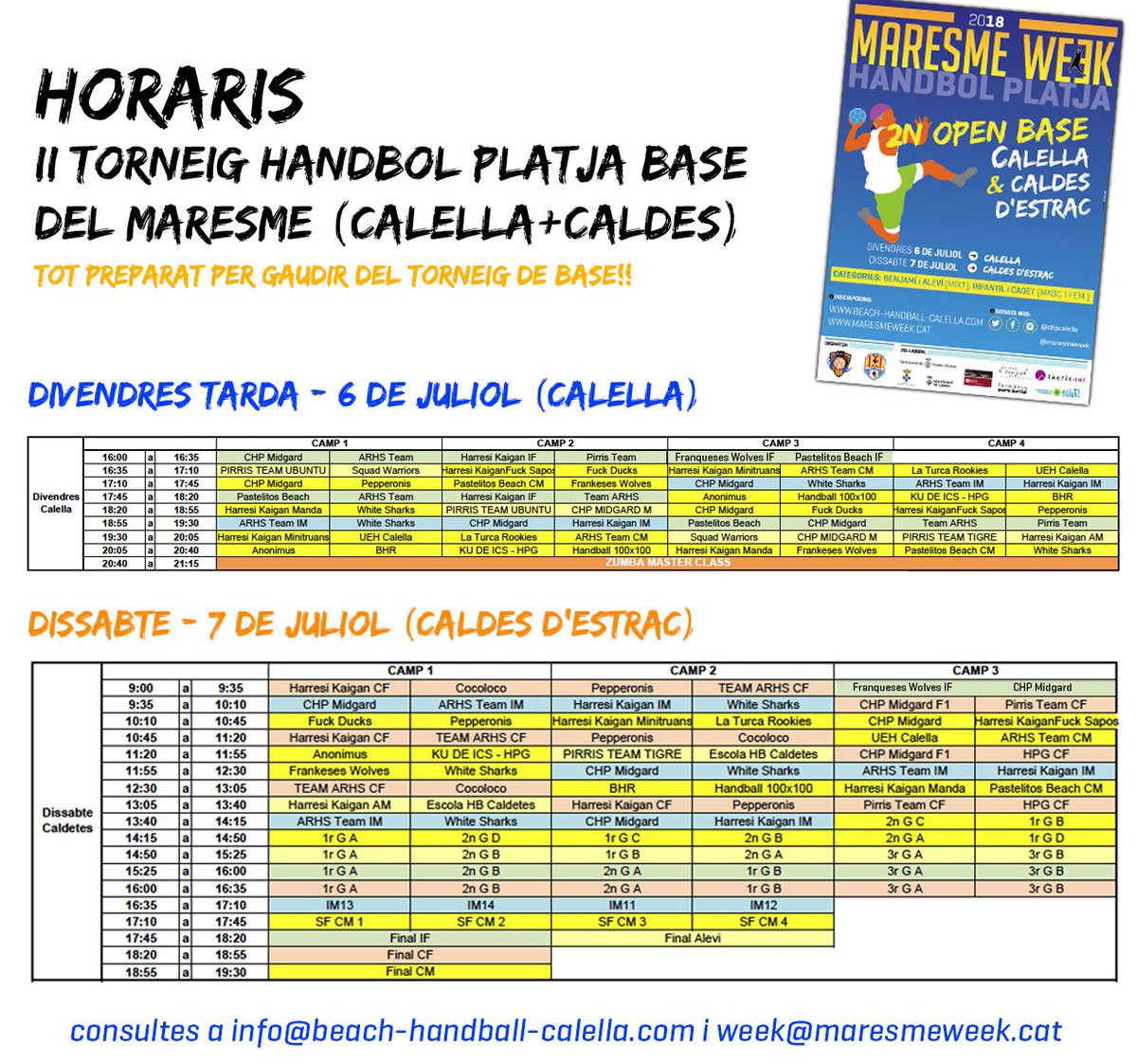 ⏱️ HORARIS DEFINITIUS del Torneig de BASE d'#HandbolPlatja Maresme 2018 (Calella+Caldetes) 

[només falta confirmar l'horari exacte del partit IF –<a href="/HLesFranqueses/">AEH Les Franqueses</a>-<a href="/ARHSLaRoca/">ARHS La Roca</a>– que es jugarà dissabte al matí a Caldetes]