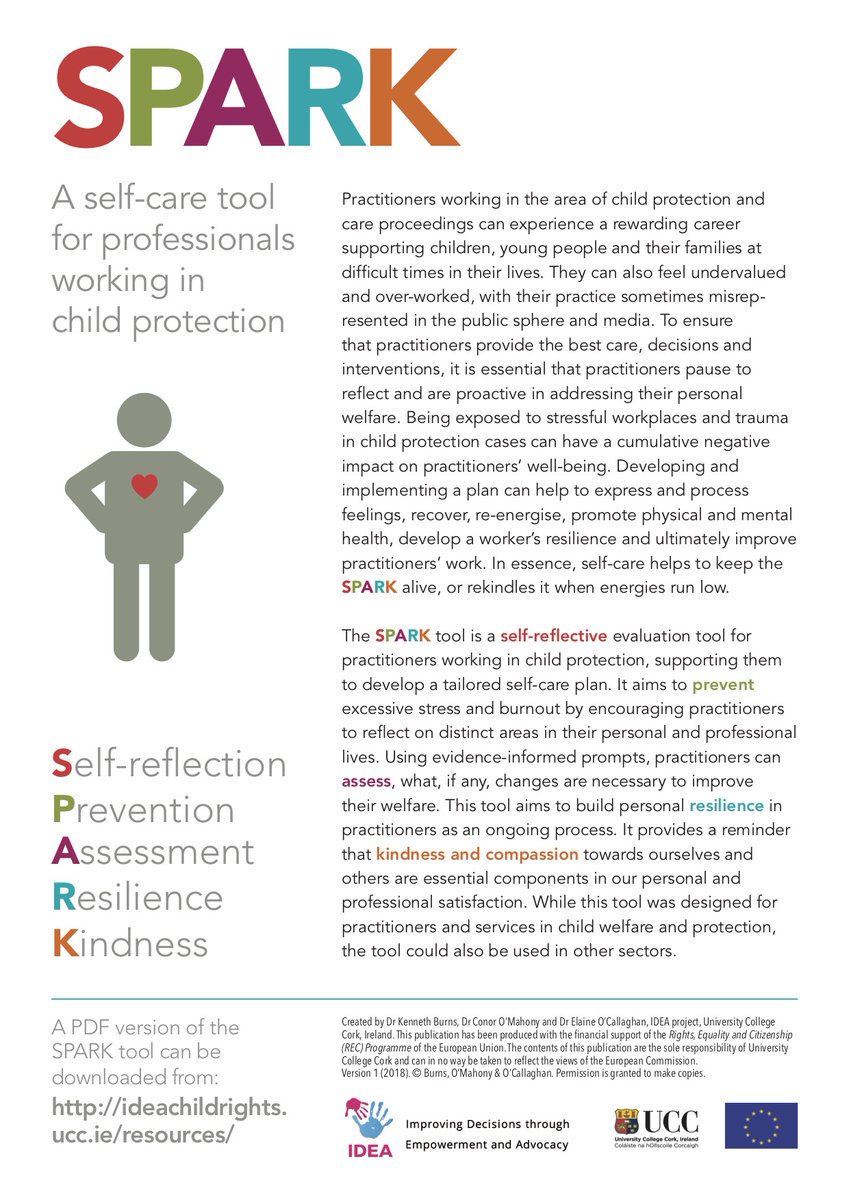 IDEAChildRights's tweet photo. If you are at #SWSD18 @SWSD2018 today (Sat.) and you want to get a copy of the new SPARK self-care tool and talk about how to use it, come to the @IDEAChildRights poster stand in the RDS Exhibition Hall 9-2pm. Download a copy from: https://t.co/JFpYjcg99r https://t.co/hLGBoq2ZWe
