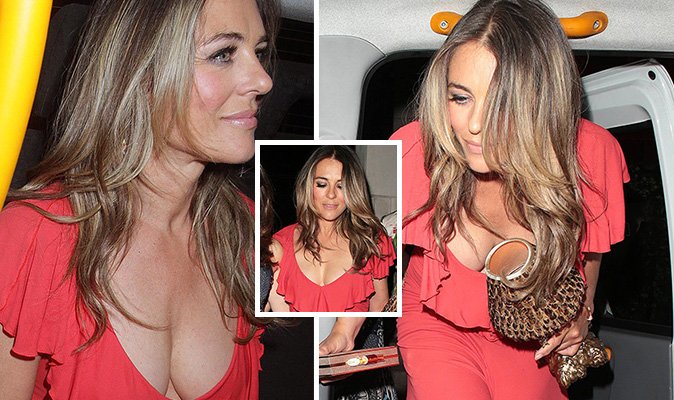 Daily Express on X: Liz Hurley risks nip slip wardrobe malfunction in  PLUNGING dress leaving Mayfair club    / X