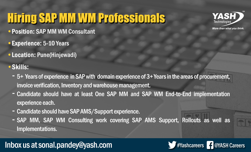 Yashcareers's tweet photo. We at YASH technologies are hiring for SAP MMWM resource for Pune location. If you are looking for a better career opportunity, share your resume to sonal.pandey@yash.com
#YASHCareers #YASHTechnologies #BestPlaceToWork #SAPMMWM #SAPMM https://t.co/mQqVVcfSOz