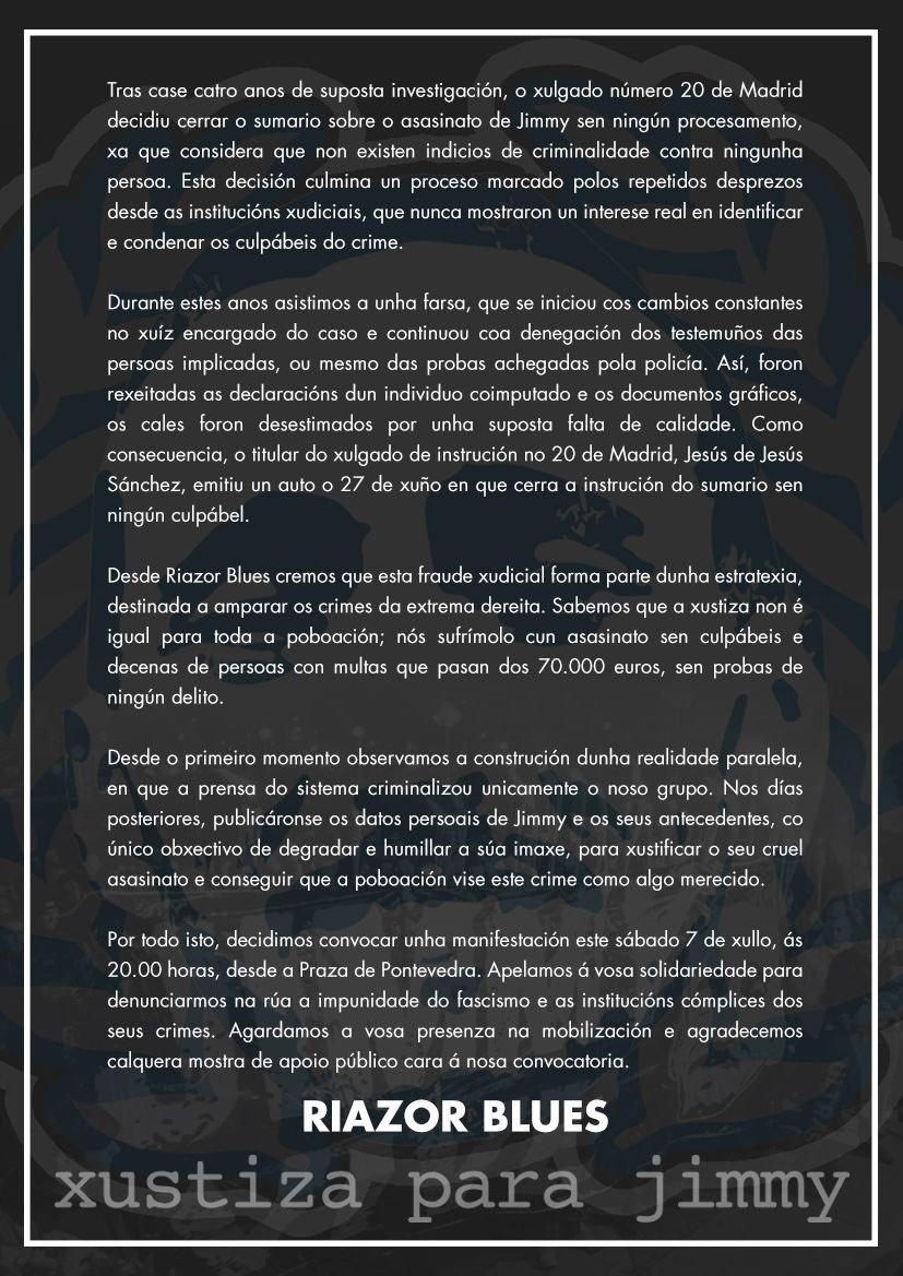 RB1987Oficial's tweet photo. Lembrade que mañá saímos á rua para reclamar a xustiza que Jimmy merece. 20:00H na Praza de Pontevedra. XUSTIZA PARA JIMMY! https://t.co/IGaZGLBPEp