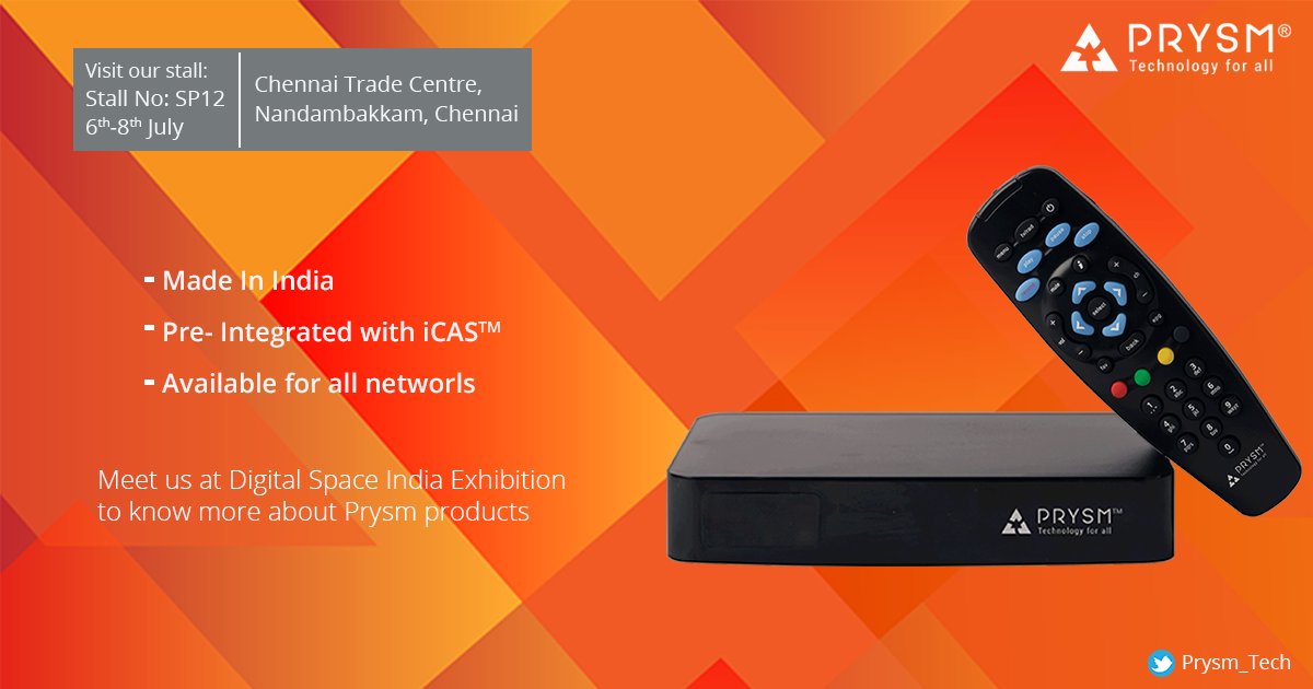 Prysm_Tech's tweet photo. Velankanis range of PRYSM STBs are integrated with the advanced embedded security of iCAS(TM),which supports TRAI recommendation for a la carte channel subscription &amp; gives viewers the power of https://t.co/yX6W34F9jS us at Digital Space India,Chennai, &amp; learn about range of STBs https://t.co/8d7xash08F