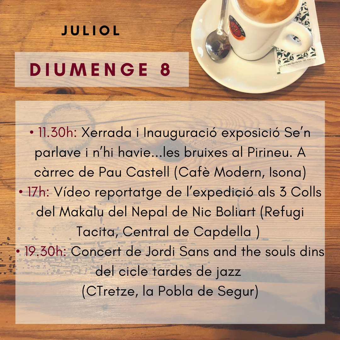 Ja som al Juliol!!🌞 Tot i la calor,💦 no us quedeu a casa, hi ha molt per fer al Pallars Jussà‼️📢🎶📖😍, aquí teniu l'agenda⬇️
@TurismeJussa  <a href="/lapobladesegur/">La Pobla de Segur</a>  <a href="/CTretzePirineus/">Fàbrica Ctretze</a> <a href="/IsonaAeso/">Isona</a> <a href="/MuseuConcaDella/">Museu Conca Dellà</a> <a href="/visitvallfosca/">Turisme Vall Fosca</a> <a href="/RefugiTacita/">Refugi Tacita</a>