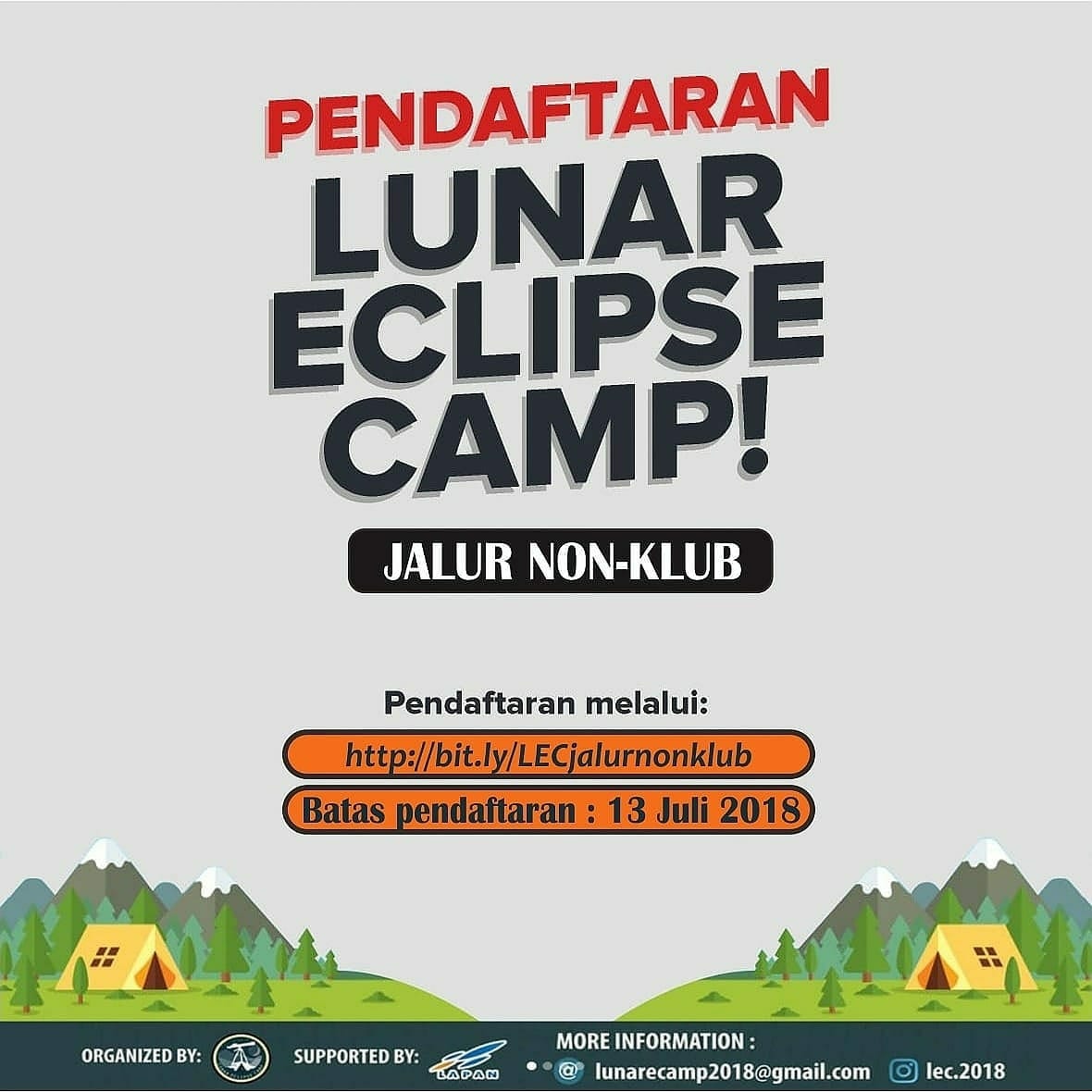 Berikut ini pendaftran LEC bagi teman-teman yang belum terdaftar dalam klub astronomi manapun. Langsung aja daftar di tautan
bit.ly/LECjalurnonklub
Terakhir tgl 13 Julu 2018! Yuk daftar