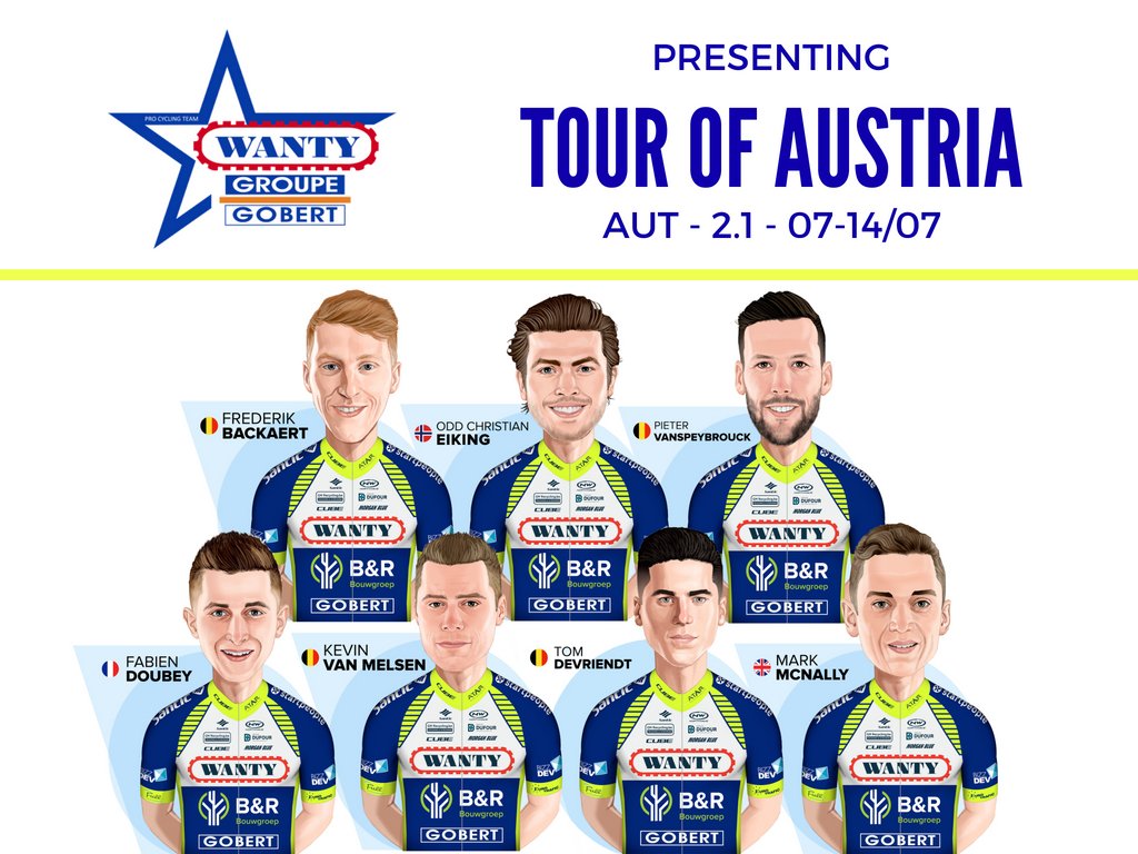 🇦🇹 #TourofAustria ⛰️⛰️⛰️ 

LINE-UP #TeamWGG

🇳🇴 <a href="/Oddeiking/">Odd Christian Eiking</a> 
🇧🇪 Frederik Backaert
🇧🇪 <a href="/VsbPieter/">Pieter Vanspeybrouck</a> 
🇫🇷 <a href="/FabienDoubey/">Fabien Doubey</a> 
🇧🇪 <a href="/kevinvanmelsen/">Kévin van Melsen</a> 
🇧🇪 <a href="/TomDevriendt/">Tom Devriendt</a> 
🇬🇧 <a href="/markmcnally89/">Mark McNally</a>