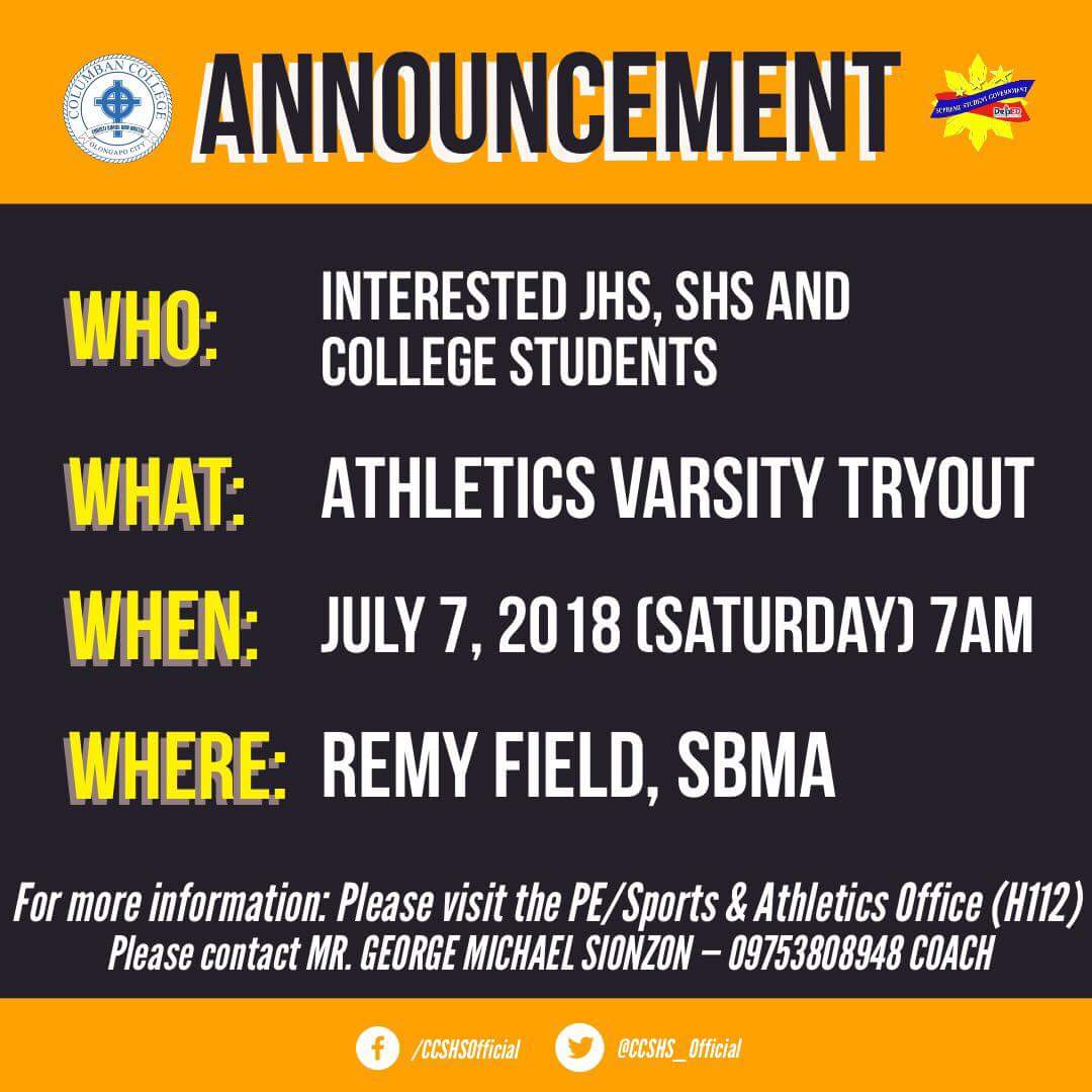 CCSHS_Official's tweet photo. Announcement!!! 
No parental consent, no try out. 
Wait for the announcement for the other sports. *Athletics lang ito. Basahin mo pa. https://t.co/tZkCrkqjhn