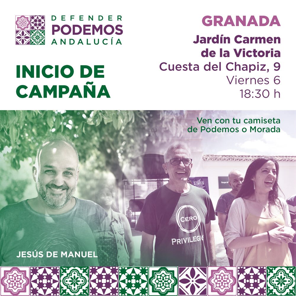 Esta tarde, en Granada, Diego Cañamero, Isabel Franco y Jesús de Manuel nos cuentan su proyecto para Defender Andalucía. ¡Vente! @DefenderPodemos @IsabelPodemos @JdMJerez @DcaValle #DefiendeAndalucía #DefiendePodemos #YoSoyPodemos #OrgulloMorado
