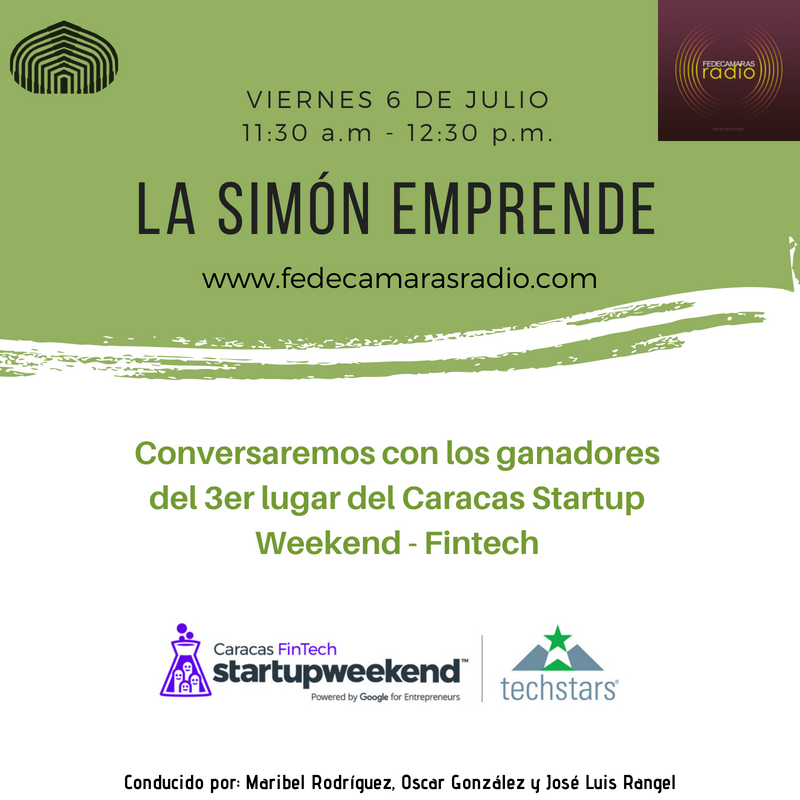 joseluis_usb's tweet photo. Hoy #6Julio estaremos conversando con los ganadores del 3er lugar del @CaracasFintech. La cita es a partir de las 11:30 a.m. por @FedeRadioVe #USBve #LaSimónEmprende #emprendimiento #TechStars #CaracasFintech #startupweekend https://t.co/3LljM7gVIO